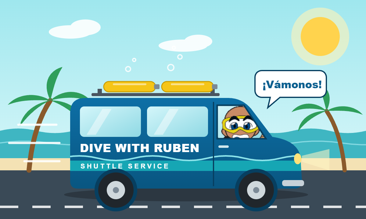 Rubén, the Dive With Ruben mascot, driving the shuttle van